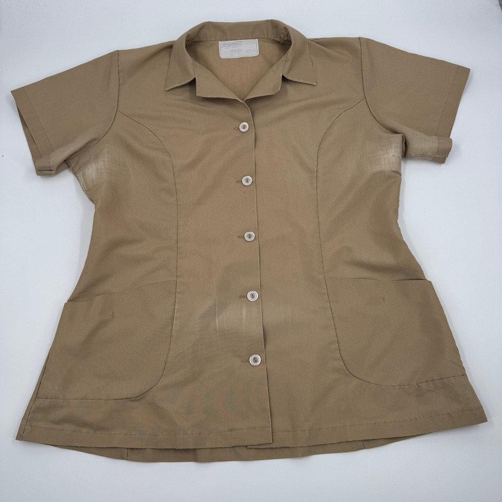 Angelica Uniform Shirt Women 42 Tan Burgers N More Vintage 70s Graphic Button Up